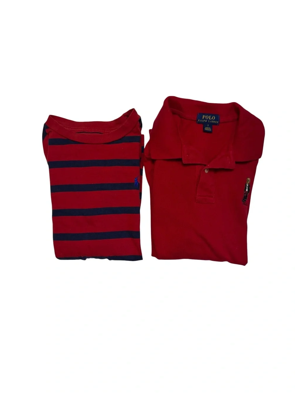 LOT OF 2-Ralph Lauren Bear Long Sleeve Polo Shirt Red Blue Striped Crewneck Sz 7